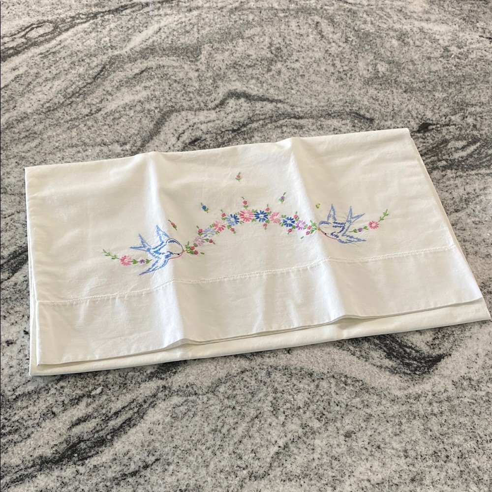 Vintage Hand Embroidered Blue Bird Pillowcase with Floral Garland - White!